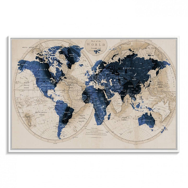 Vintage Triptych Map Print - Antique World Map Canvas Wall Art – Vintage Triptych Blue and Beige Map Print