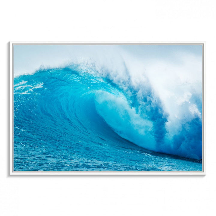 A museum-quality canvas depicting a vibrant blue ocean wave with white foam under a clear sky.