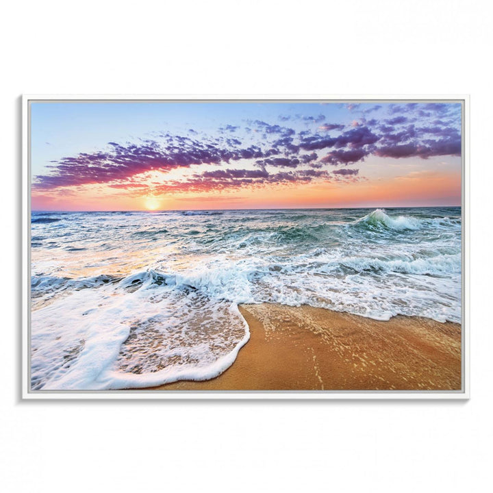 The Coastal Sunset Art Canvas Print features ocean waves beneath a vibrant sky in a stunning 3-panel seascape.