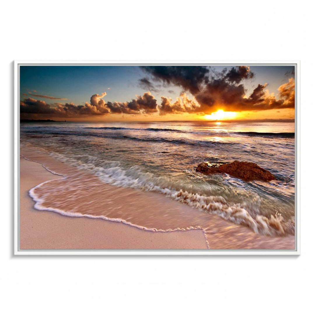 The Sunset on Ocean Wall Art Canvas Print beautifully captures a beach sunset, gentle waves, and a peaceful atmosphere.