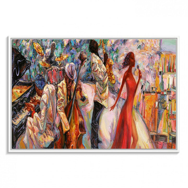 The Abstract Afro American Jazz Canvas captures a vibrant jazz band and showcases a woman dancing in red, making it perfect for dining or music spaces.