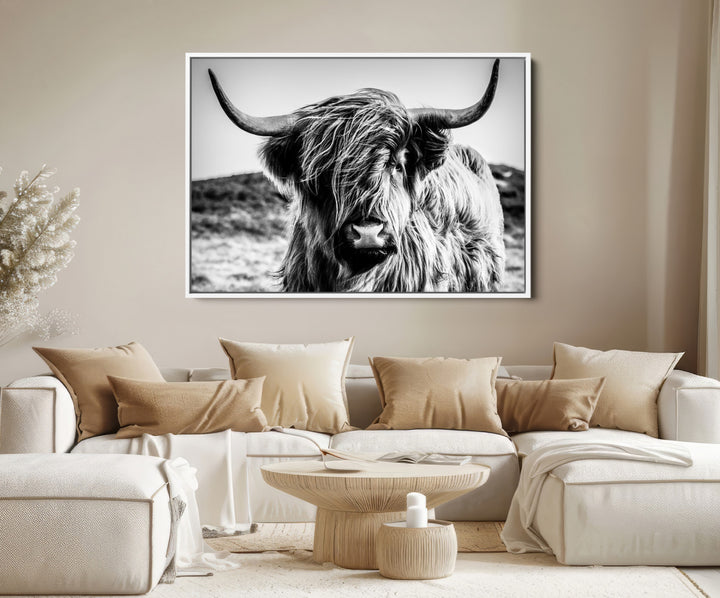 Highland Cow Wall Art | 3-Panel Black and White Highland Cow Canvas Print for Western Farmhouse Decor