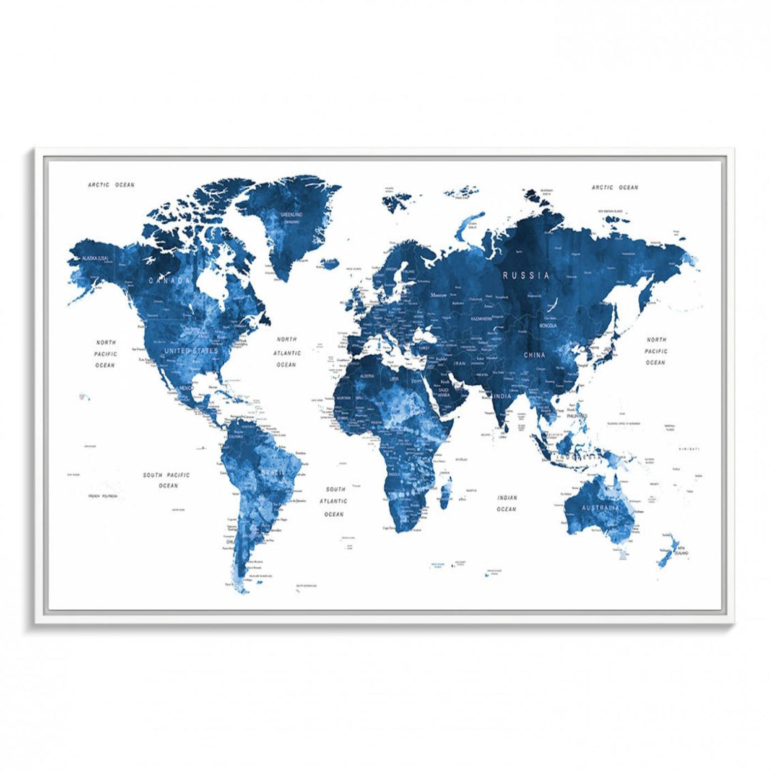 Navy Blue Wall Art World Map Canvas Print, an ideal piece for anyone seeking unique home or office decor.