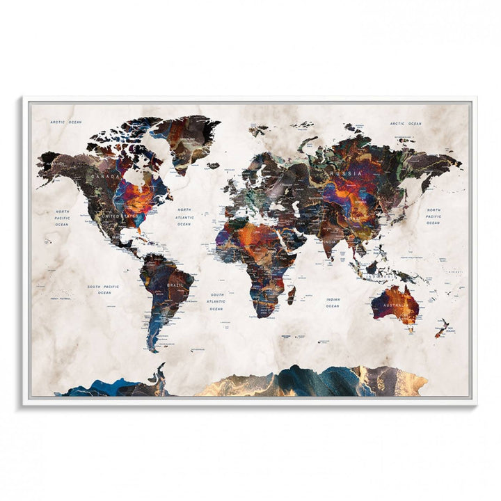 Watercolor World Map Canvas Print in earthy hues with a grunge background, ideal for wall decor.