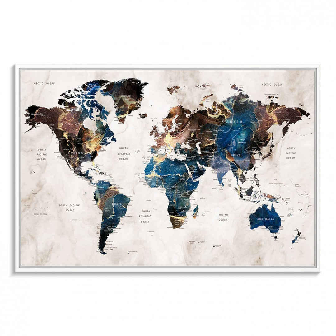 Abstract earth-toned 3-panel world map wall art featuring blues and browns, ready to hang; it showcases continents on modern canvas.