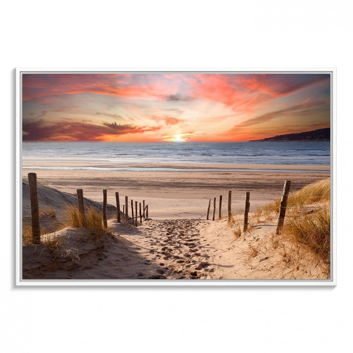 The Sunset on the Sea Wall Art Canvas Print beautifully captures a beach sunset and waves, enhanced with a UV-protective coating.