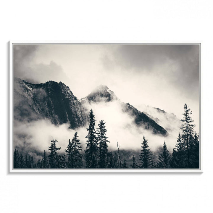 Forest Mountain Print - Black and White Canvas.