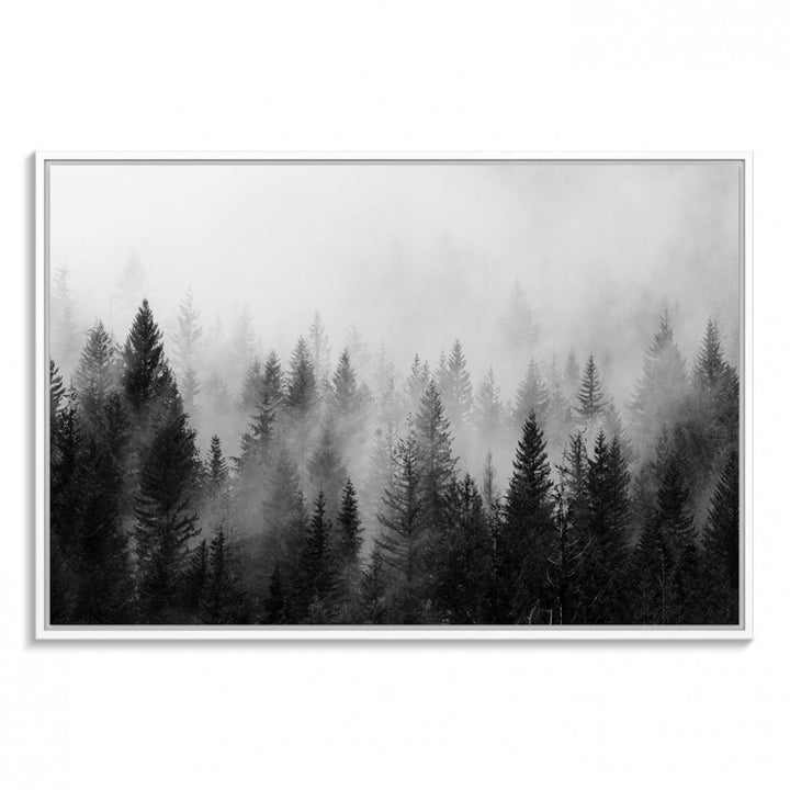 Black and white canvas art depicts a misty pine forest, offering a dense landscape that appeals to nature and woodland art lovers.