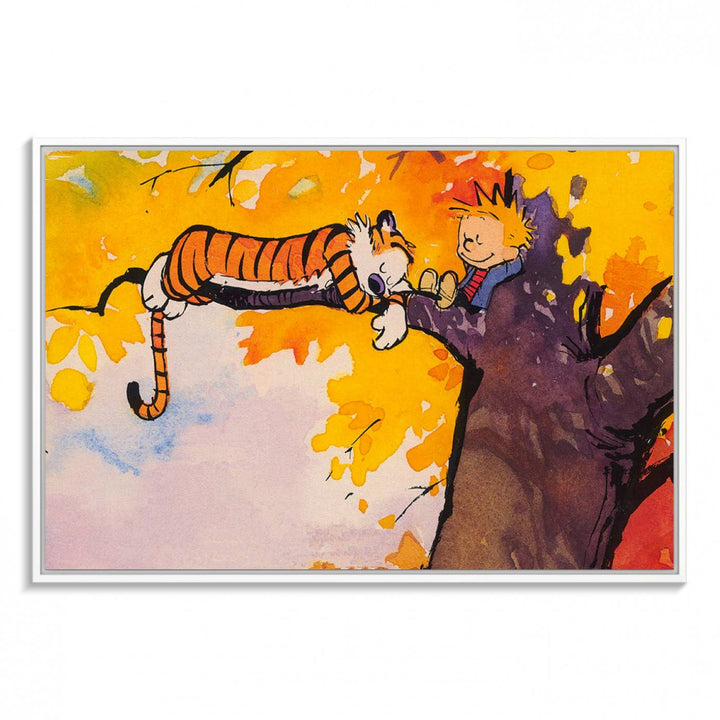 A wall art featuring a boy and a tiger amidst autumn leaves, reminiscent of the Calvin and Hobbes Tree Scene Canvas Print, ideal for creating a playful atmosphere.