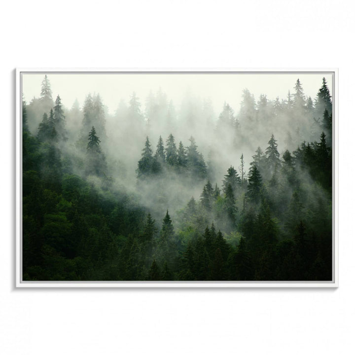 Misty Forest Mountain Wall Art: A 3-panel foggy landscape canvas print, ideal for enhancing home decor with natures beauty.