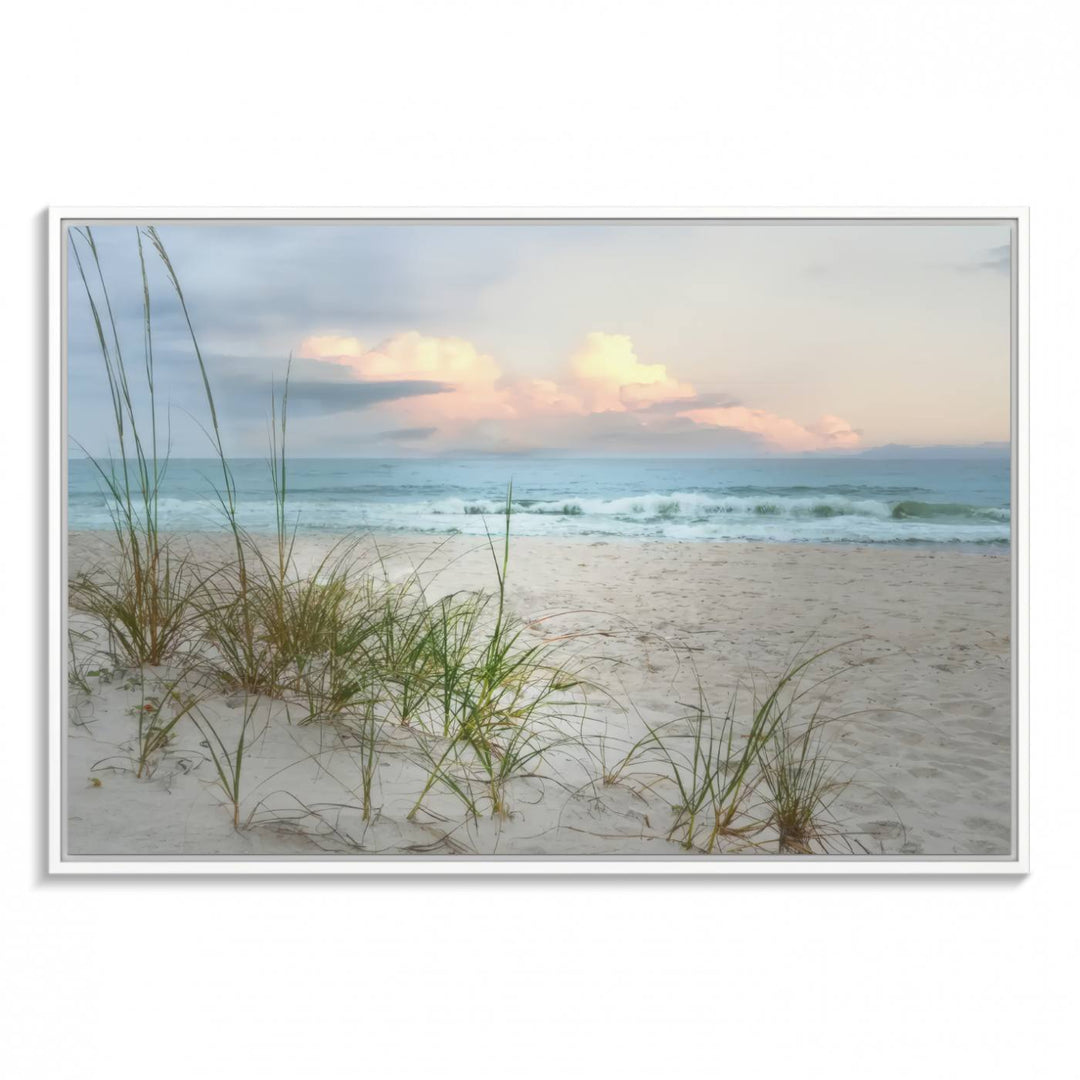 Flight Over Coastal Beach print on UV canvas displayed against white walls.