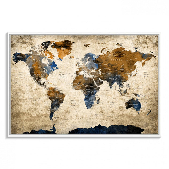 Vintage World Map Canvas Wall Art – Textured Triptych Map Print – Global Decor for Living Room or Office – Ready to Hang