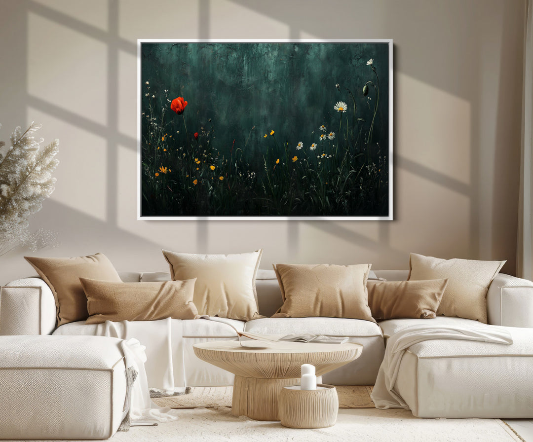 Wildflower Field Framed Wall Art, Vintage Botanical Landscape Sign, Botanical Wall Art, Modern Farmhouse Canvas Art, Field Of Flowers Canvas Print