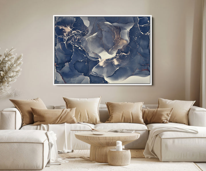 Large Abstract Blue and Gold Canvas Wall Art | Fluid Ink Artwork Print | Luxury Wall Decor for Contemporary Interiors | Framed Ready to Hang