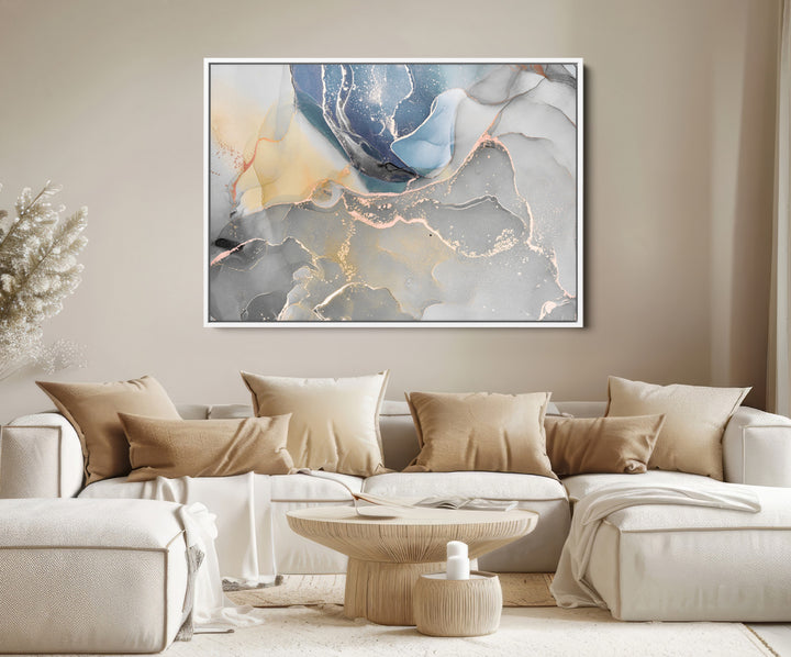 Large Abstract Blue and Gold Canvas Wall Art | Fluid Ink Artwork Print | Luxury Wall Decor for Contemporary Interiors | Framed Blue and Gold