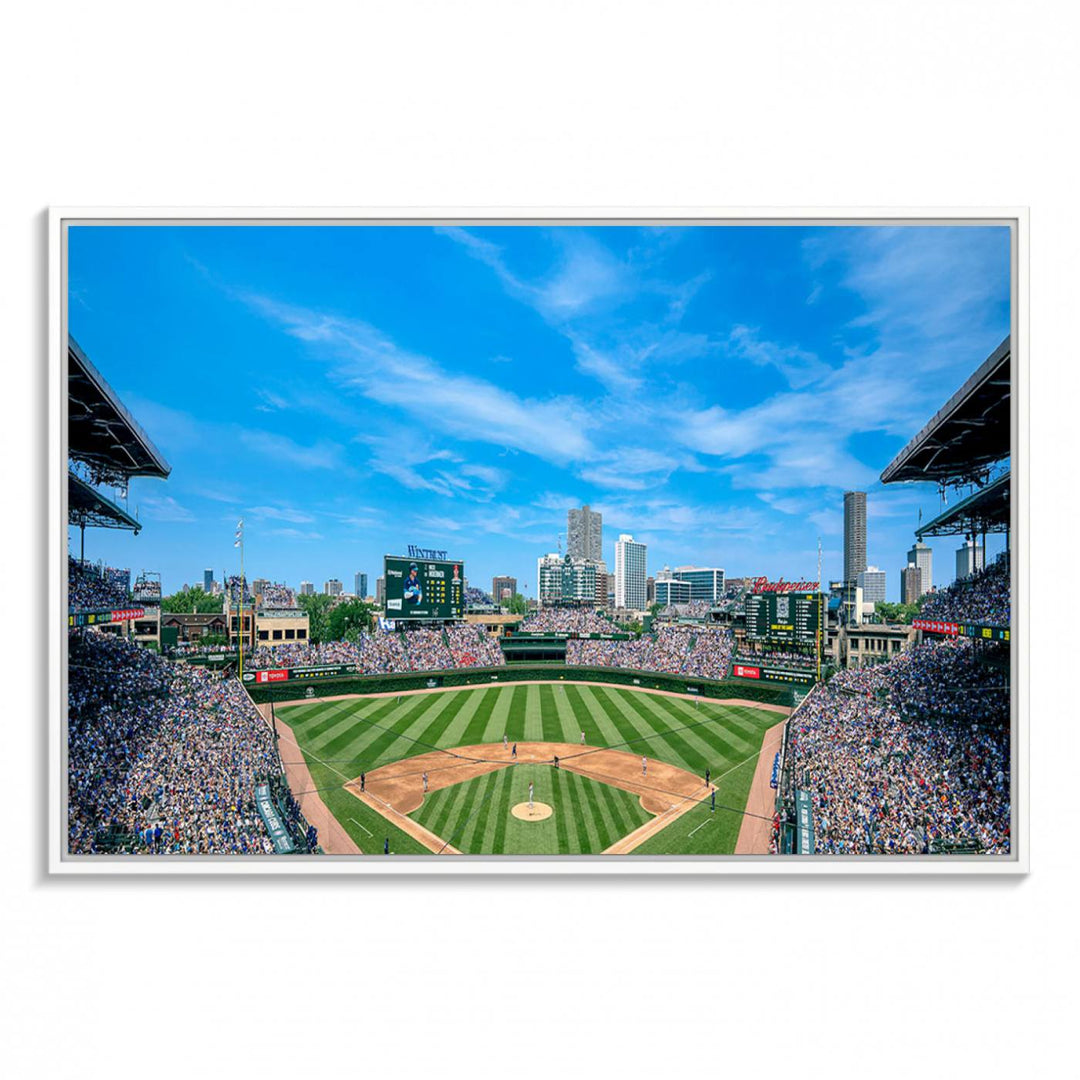 Panoramic view of Wrigley Field, ideal for the Wrigley Field Chicago Cubs Panoramic Canvas Wall Art - Ready to Hang.