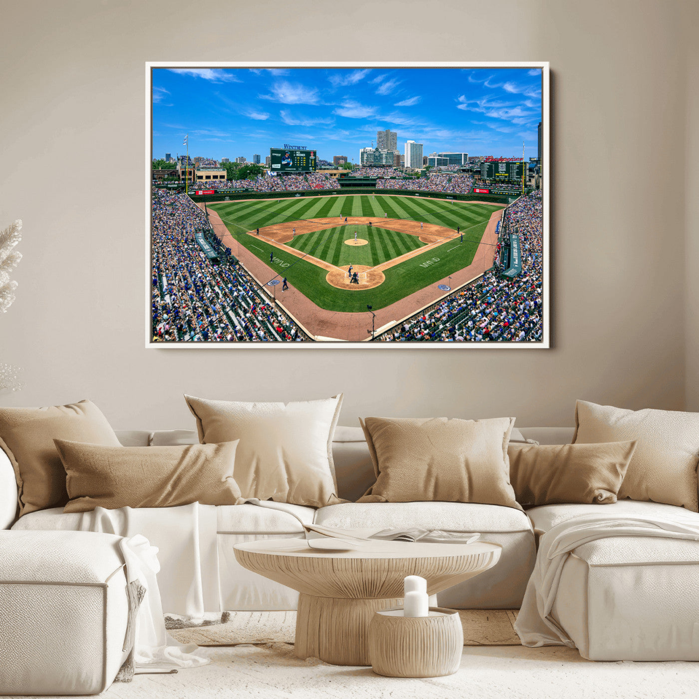 26064-MGV-CV-30X20-Framed Wrigley Field Chicago Cubs Print, Panoramic Multi Piece Canvas Wall Art - Iconic Baseball Stadium Print for Sports Lovers - Ready to