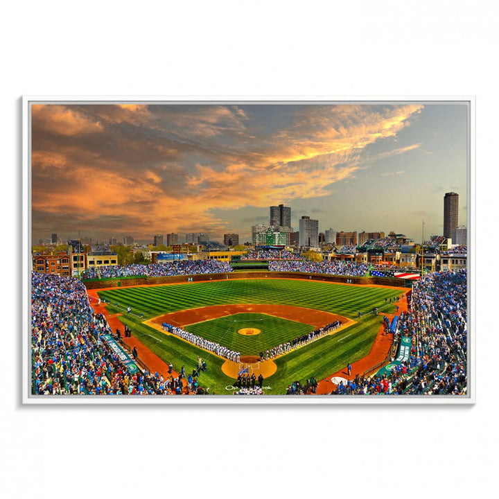 Aerial view of Wrigley Field at sunset against a vibrant sky, creating the perfect Chicago Wrigley Field Canvas Wall Art.