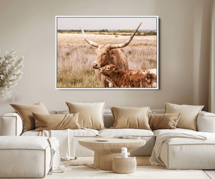 60320-MGV-FC-36X24_White-Texas Longhorn Cow Wall Art Canvas Print for Farmhouse Wall Art, Texas Decor, Western Wall Art Print