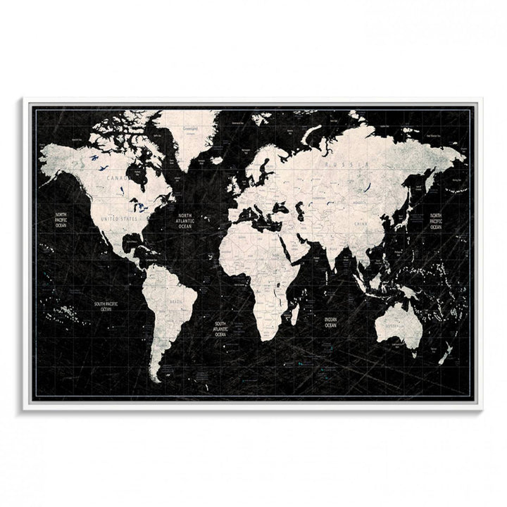 Framed Black and White World Map Canvas Print | 3-Panel Ready to Hang Wall Art for Modern Home Decor | Bold Global Style for Office Decor