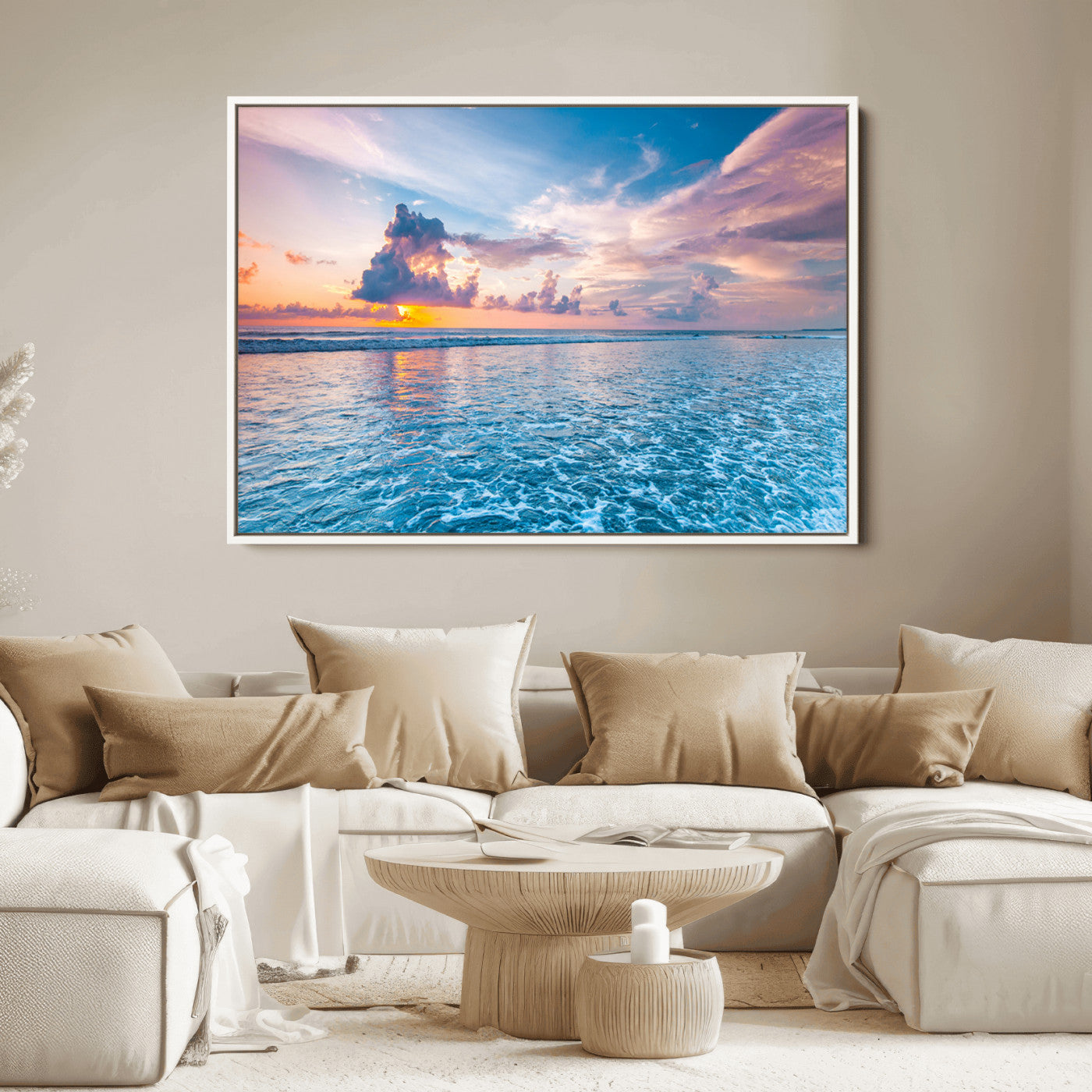 36641-MGV-FC-36X24_White-Ocean Sunset Canvas Wall Art Print - Tranquil Seascape with Vibrant Sky and Rolling Waves Canvas Print - Coastal Wall Decor for Home or