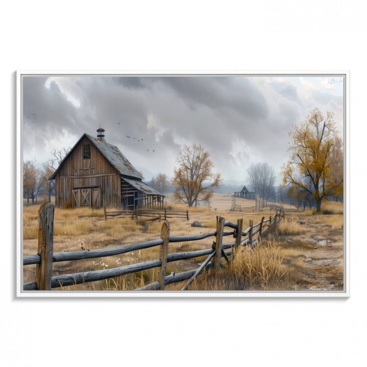 Rustic Autumn Farmhouse Wall Art – Weathered Barn & Trees Canvas Print, featuring a serene scene with birds in the sky. This piece is ready to hang.