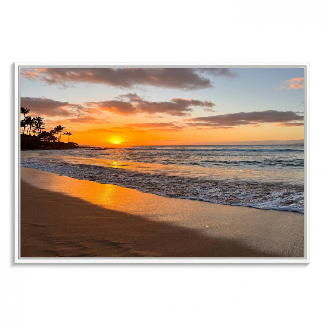 Sunset Wall Art Print featuring a beach sunset with waves and palms, perfect for coastal decor.