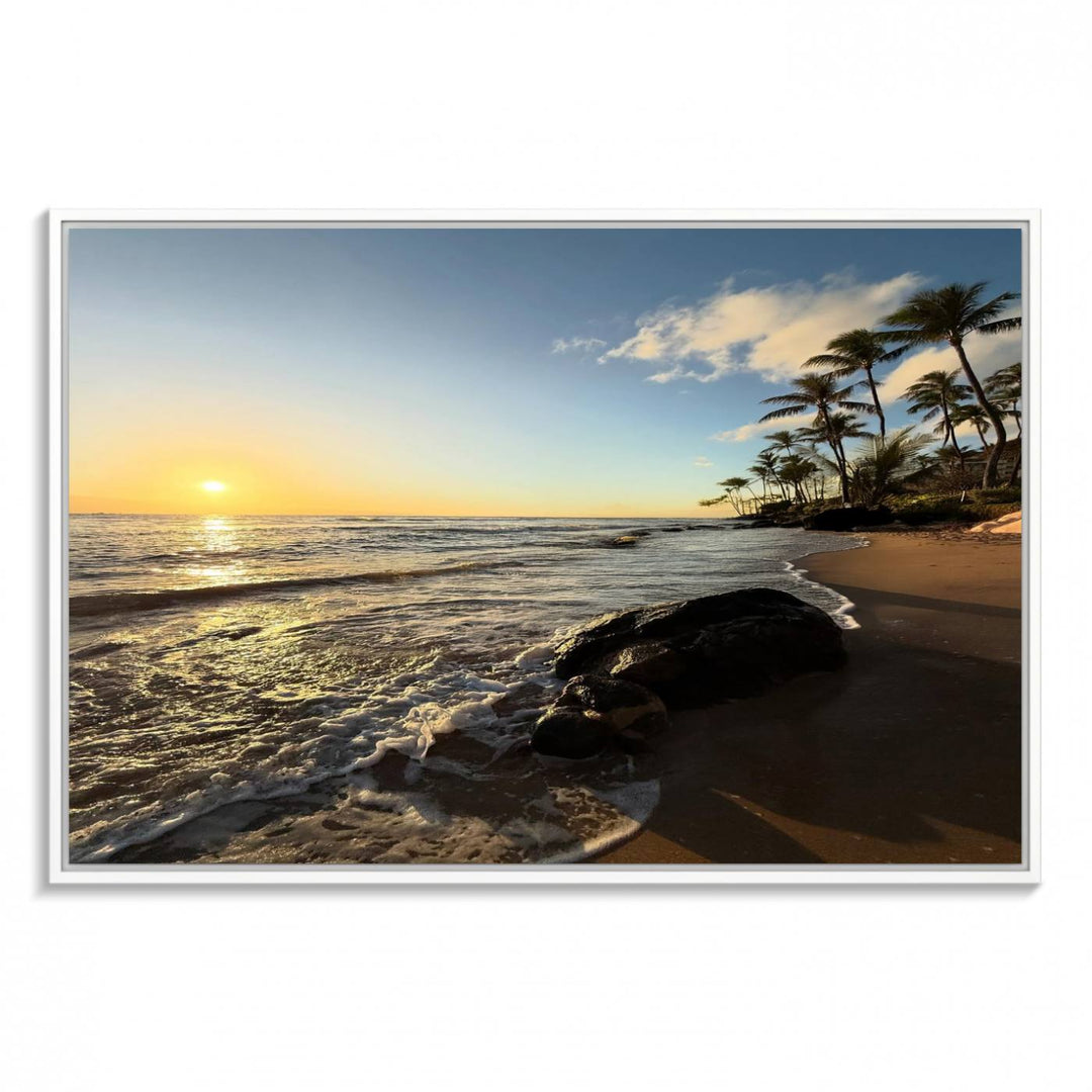 A serene tropical sunset on canvas, featuring palms and waves, serves as perfect Tropical Beach Wall Art for home or office decor.