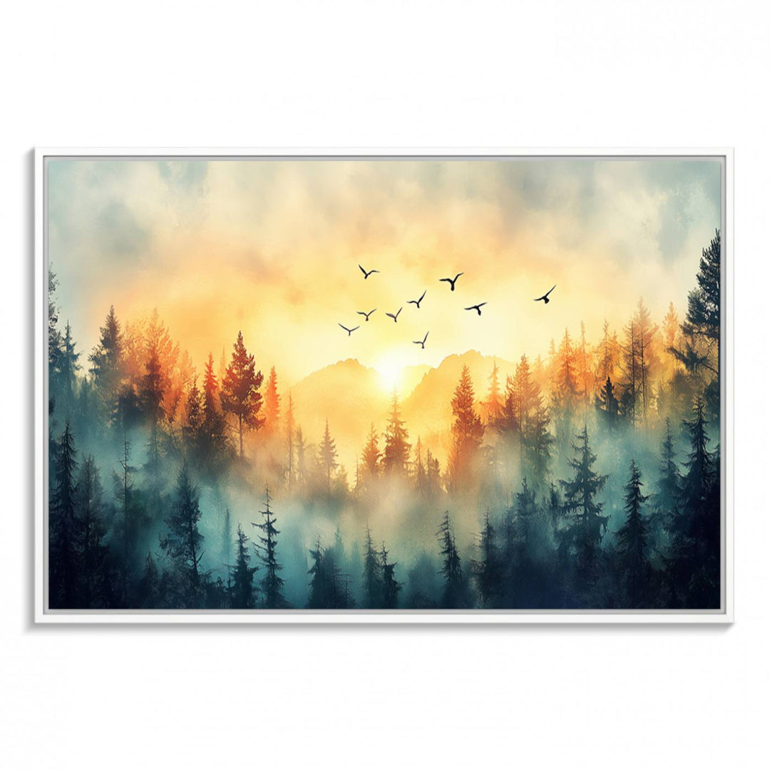 FRSABS2-MGV-FC-36X24_White-Abstract Forest Wall Art Print- Serene Nature Canvas Print with Misty Forest Design for Modern Home or Office Decor