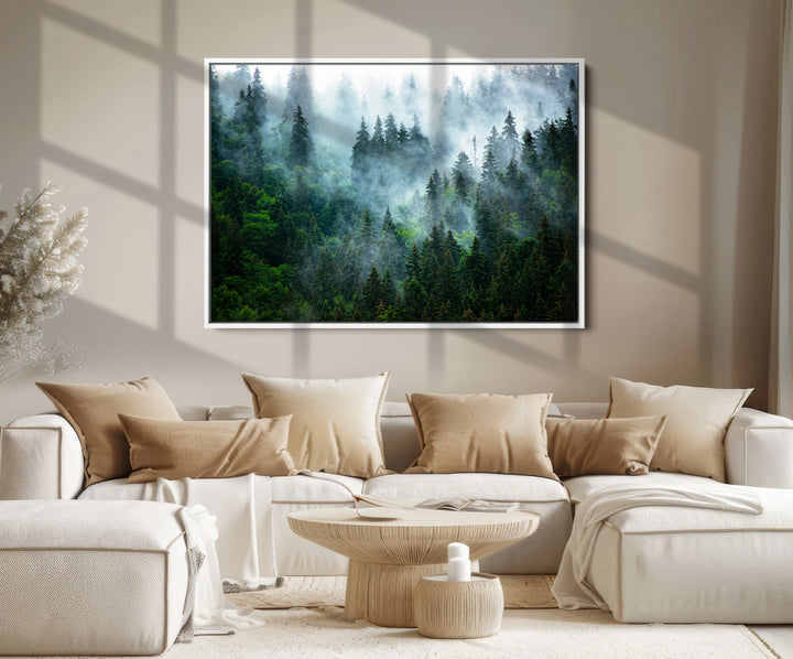 Misty Forest Art Wall Art Canvas Print, Foggy Mountain Art Print, Framed Scenic Wall Print Art Print, Large Woodland Canvas Printing Perfect
