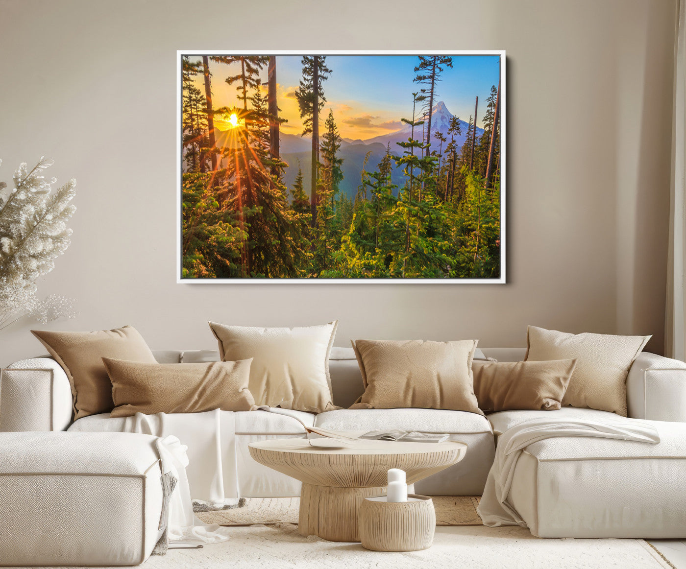 83544043-MGV-FC-36X24-Forest Sunset Wall Art Canvas Print, Framed Sunset Trees Art Picture Print, Green Pines Perfect Rustic Nature Decor