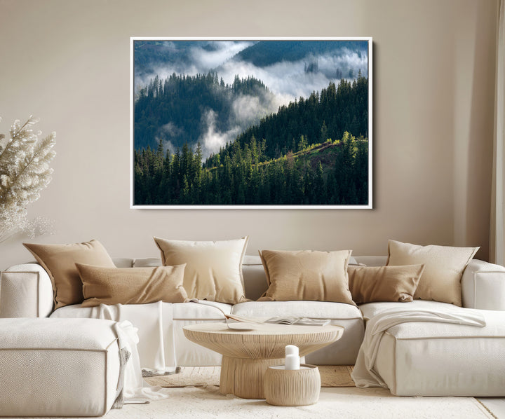 Misty Forest Wall Art Canvas Print, Framed Pine Hills Art Picture Print, Moody Hills Perfect Moody Woodland Decor Artwork