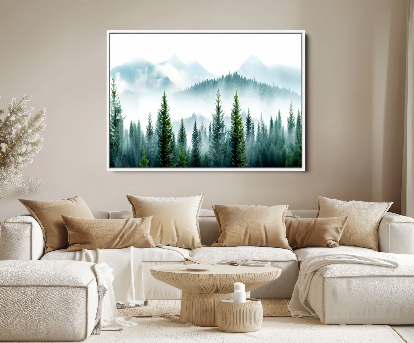 16716676-MGV-FC-36X24-Pine Forest Wall Art Canvas Print – Misty Mountains Foggy Trees Serene Woodland Landscape Artwork for Home Office