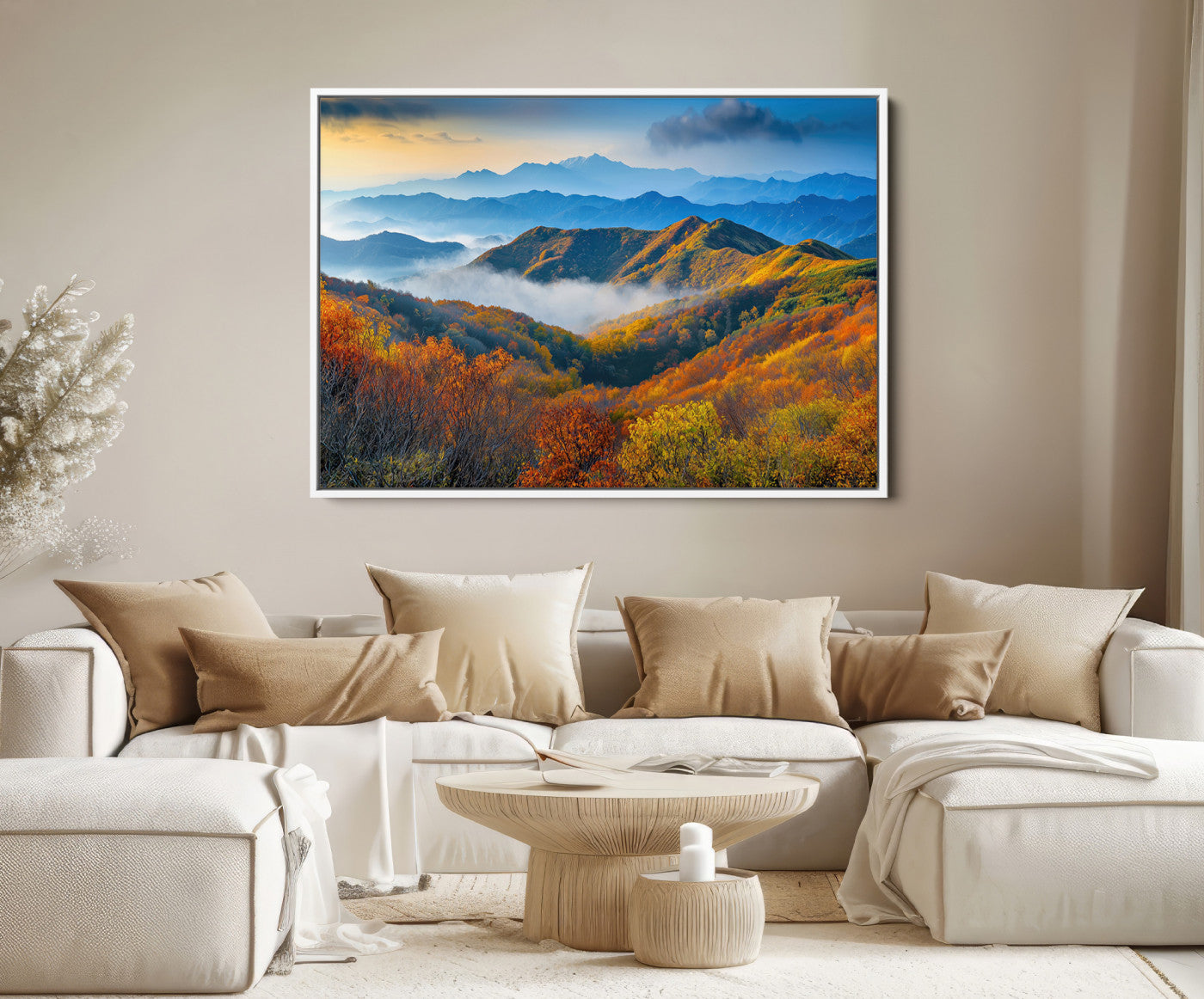 86772247-MGV-FC-36X24-Autumn Mountains Wall Art Canvas Print – Foggy Peaks Colorful Foliage Serene Landscape Nature Artwork for Home Office