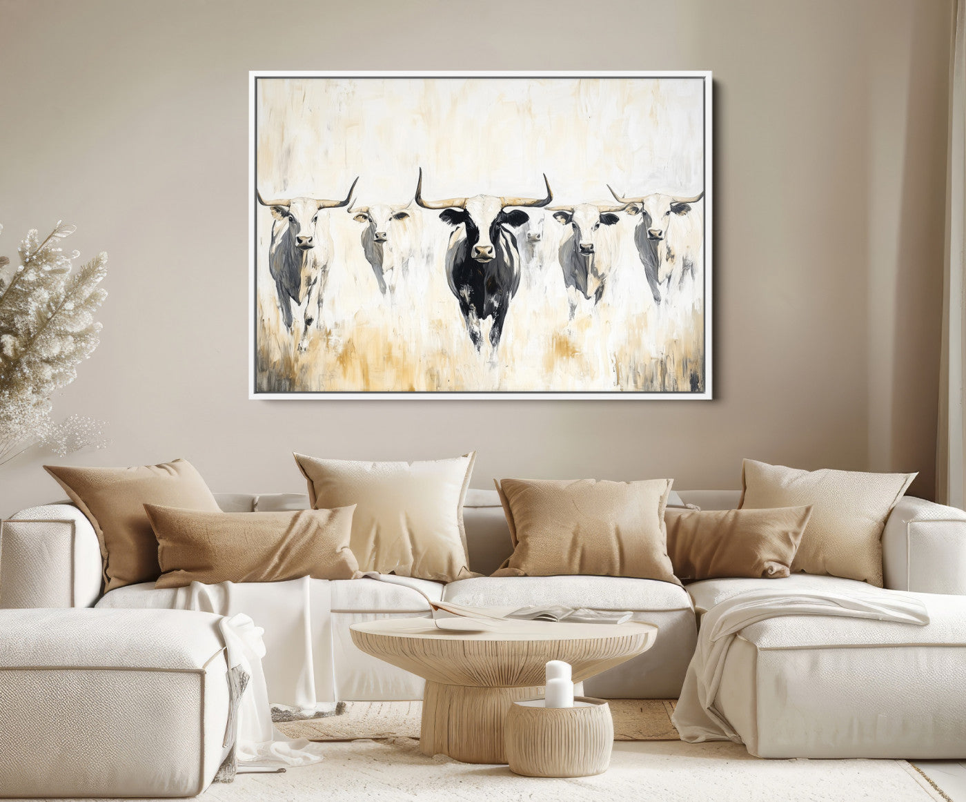 40397799-MGV-FC-36X24-Texas Longhorn Wall Art Canvas Print – Rustic Western Bull Herd Neutral Tones Country Ranch Artwork for Home Office