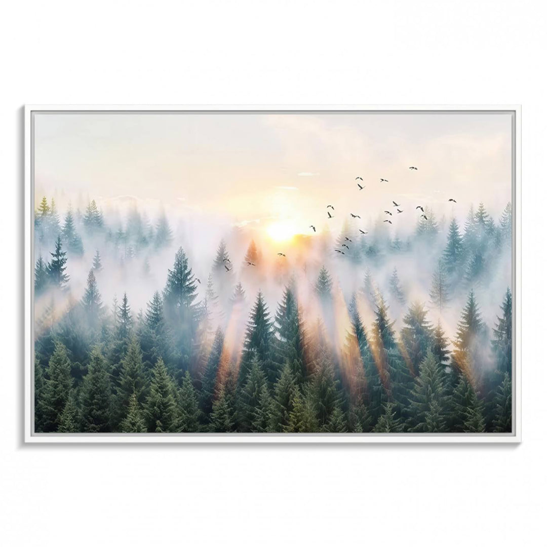 Misty Pine Forest Wall Art: A depiction of sunrise over foggy trees and birds against a bright sky; a framed woodland scene ideal for home or office decor.