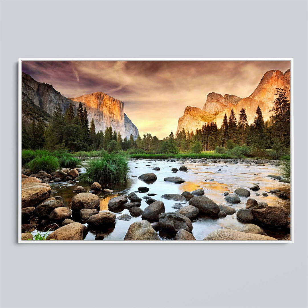 A tranquil riverside sunset mirrors the beauty of a Yosemite wall art masterpiece like the Large El Capitan Print.