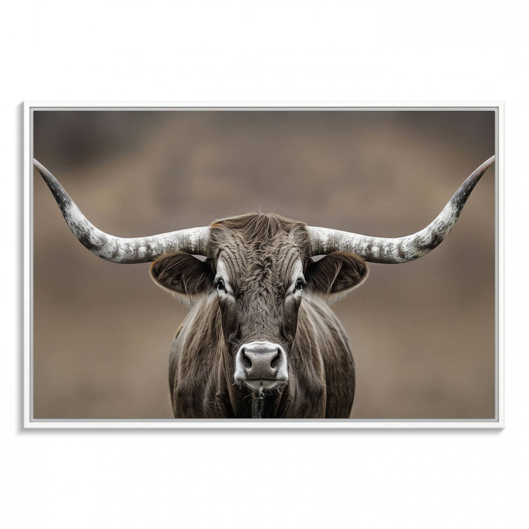 A close-up of a longhorn bull facing forward is featured in the Framed Texas Test-1, set against a blurred brown background.