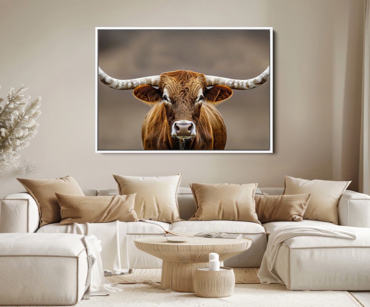 12179171-MGV-FC-36X24-Texas Longhorn Wall Art Canvas Print – Brown Bull Rustic Ranch Western Cattle Nature Artwork for Home Office