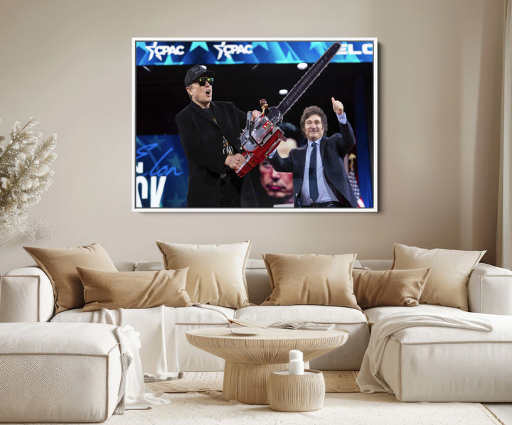 The wall art in the living room is an Elon Musk Chainsaw Art Print, depicting two men with chainsaws on stage in front of a vibrant crowd.