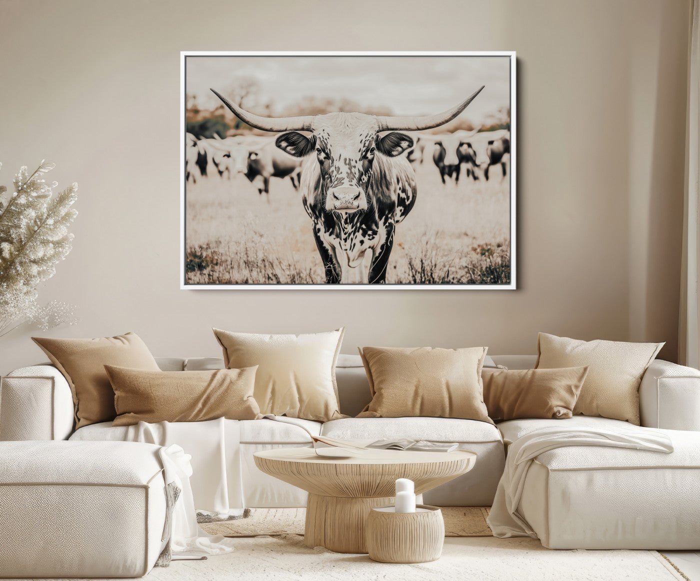 Texas Longhorn Wall Art Canvas Print, Framed Speckled Cow Art Picture Print, Horned Cattle Perfect Rustic Western Decor Artwork