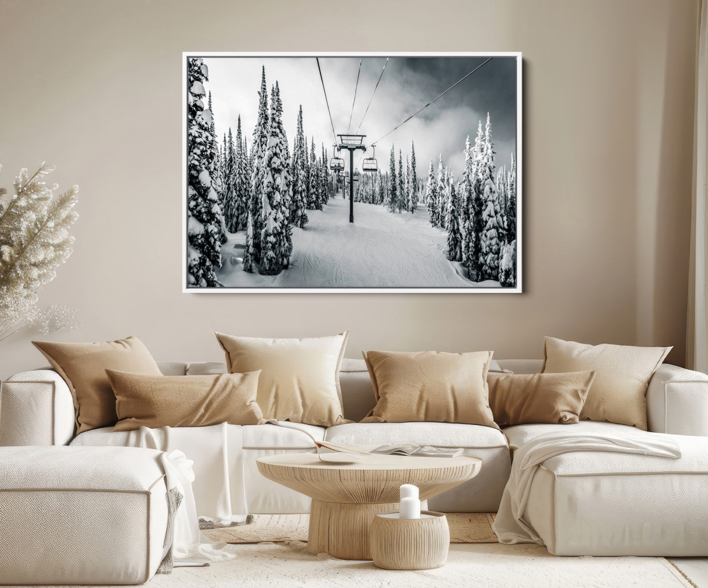 31156828-MGV-FC-36X24_White-Snowy Pines Wall Art Canvas Print, Framed Ski Lift Art Picture Print, Winter Forest Perfect Moody Lodge Decor, Ski Lift Wall Art Canvas