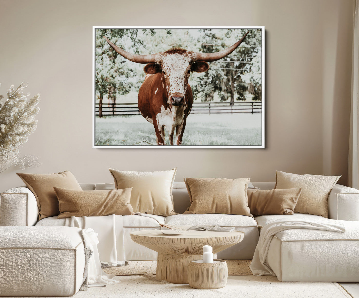 54757537-MGV-FC-36X24_White-Texas Longhorn Wall Art Canvas Print, Framed Spotted Cow Art Picture Print, Horned Cattle Perfect Rustic Western Decor Artwork