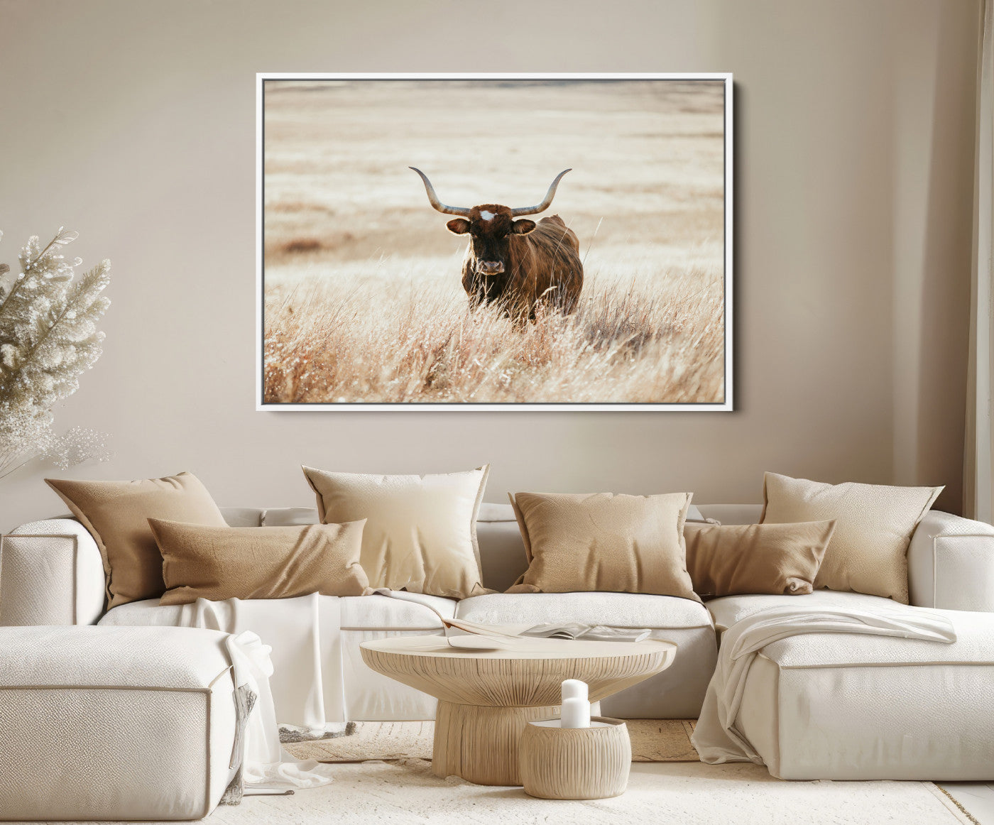 15937933-MGV-FC-36X24_White-Texas Longhorn Wall Art Canvas Print, Framed Brown Cattle Art Picture Print, Horned Bull Perfect Rustic Western Decor Artwork