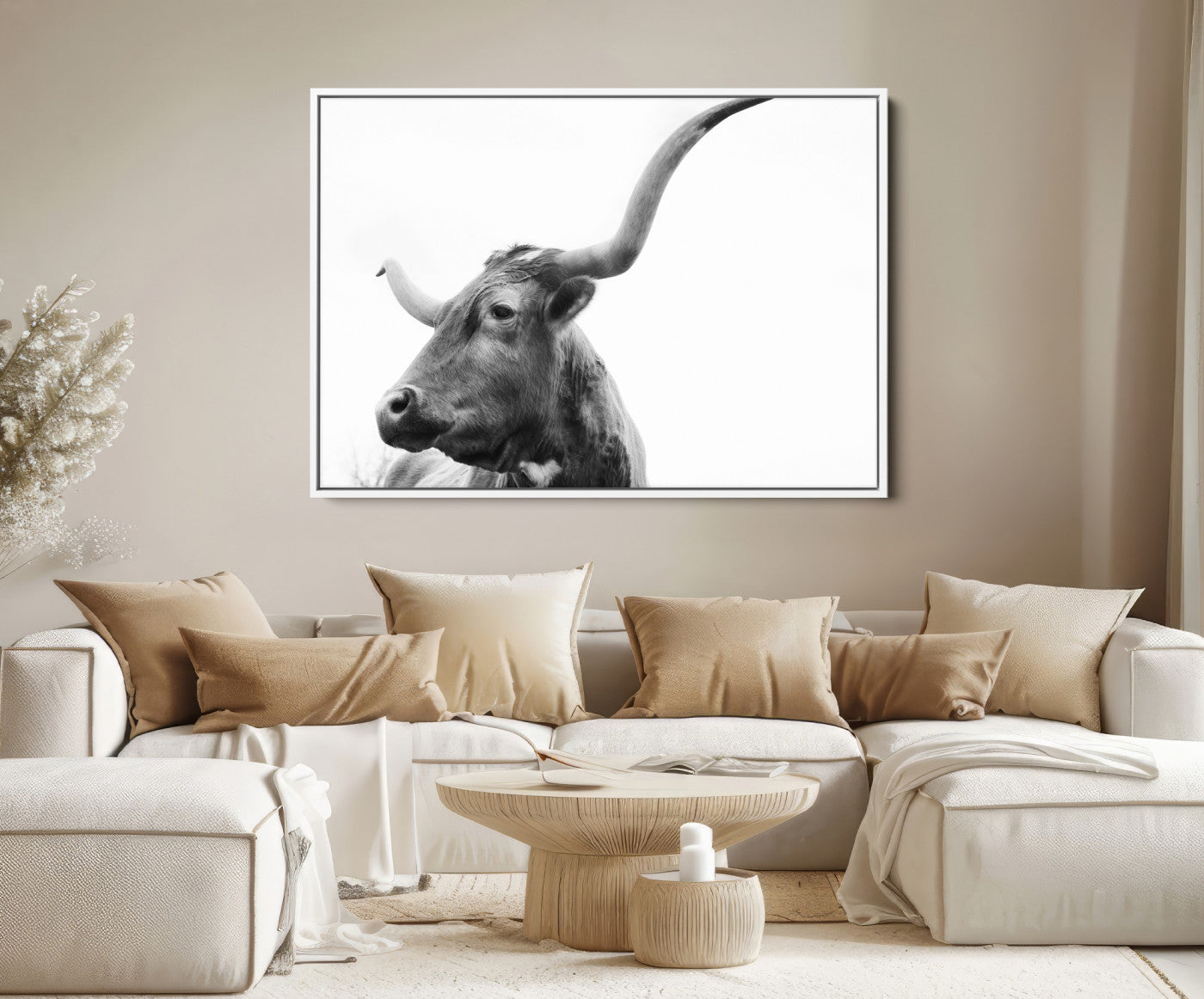 64392617-MGV-FC-36X24_White-Longhorn Wall Art Wall Art Canvas Print, Framed Modern Ranch Style Art Art Picture Print, Monochrome Cow Print Perfect Rustic Western Decor