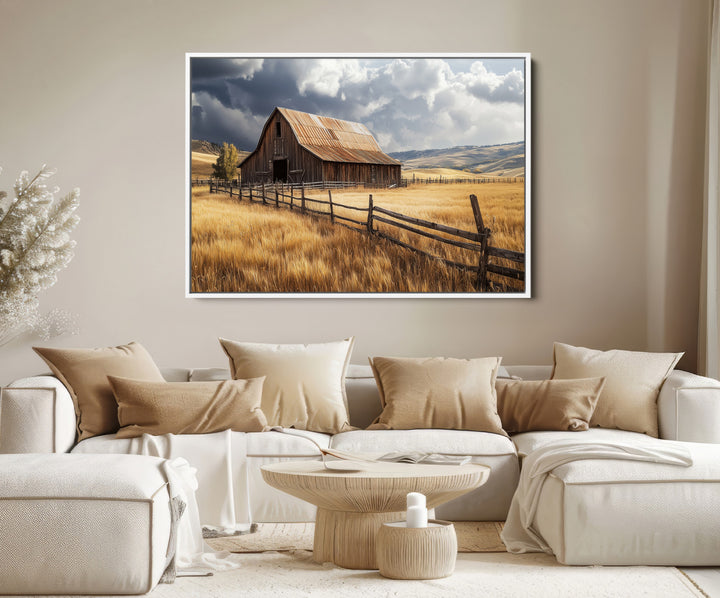 Rustic Barn Wall Art Canvas Print, Framed Moody Barn Art Picture Print, Golden Field Perfect Rustic Farmhouse Decor