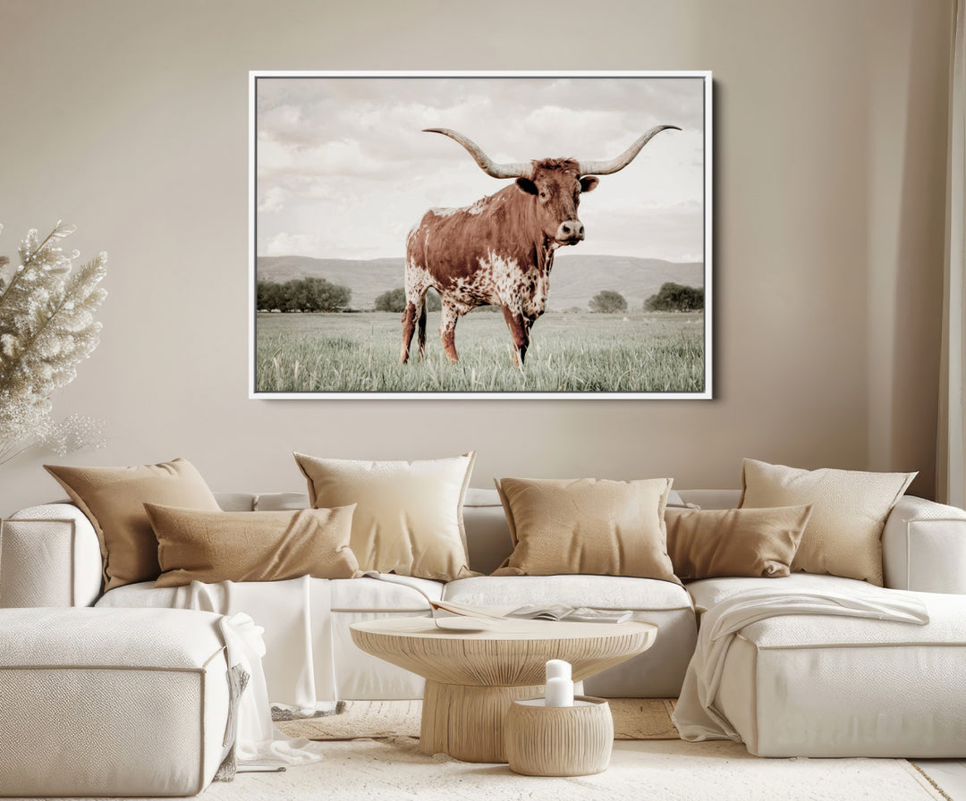 Texas Longhorn Wall Art Canvas Print, Framed Spotted Cattle Art Picture Print, Horned Bull Perfect Rustic Western Decor Artwork