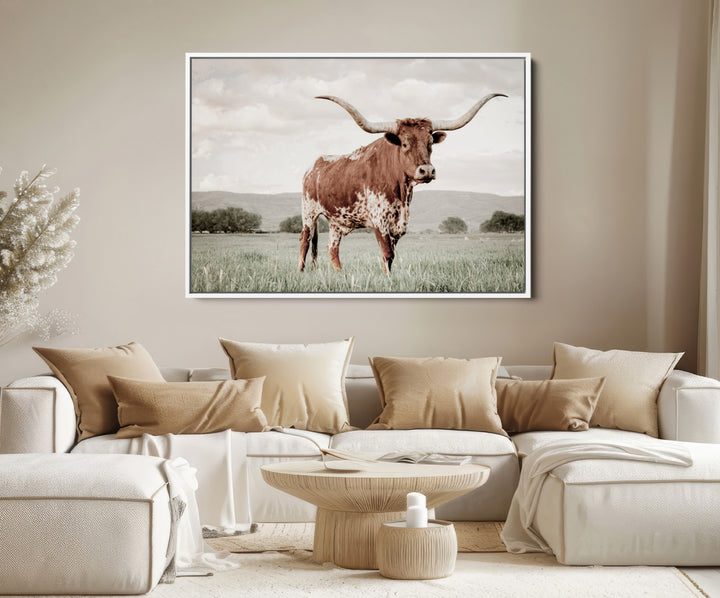 Texas Longhorn Wall Art Canvas Print, Framed Spotted Cattle Art Picture Print, Horned Bull Perfect Rustic Western Decor Artwork