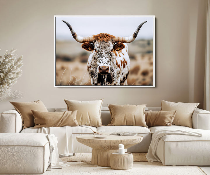 Texas Longhorn Wall Art Canvas Print, Framed Spotted Cow Art Picture Print, Horned Cattle Perfect Rustic Western Decor Artwork