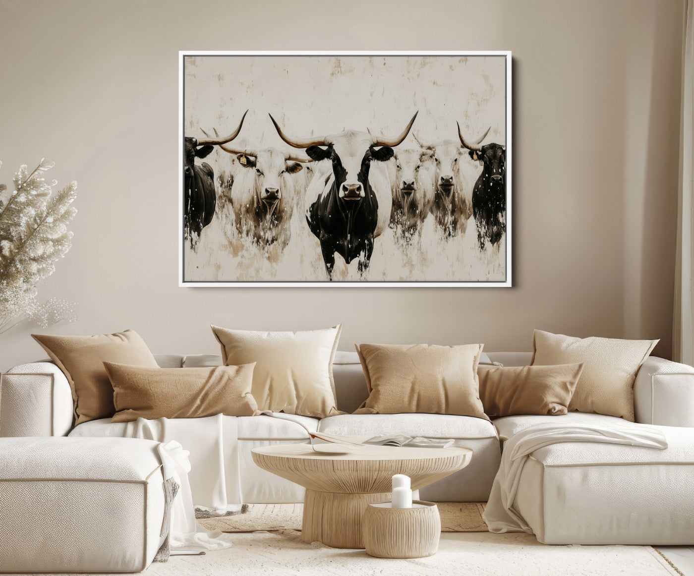 12027562-MGV-FC-36X24-Longhorn Cattle Wall Art Canvas Print – Framed Bison Herd Western Ranch Countryside Animal Landscape Artwork for Home Office